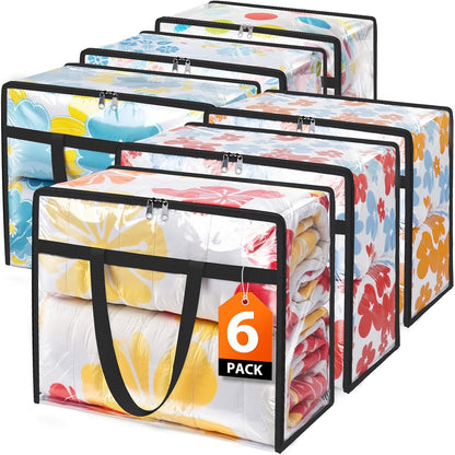 Clear Clothes Storage Bags, 6 Pack Closet Organizers and Under Bed Storage Containers, Foldable Moving Bags with Zippers for Comforter, Blanket, Bedding, Duvet, PVC Packing Bags 60L