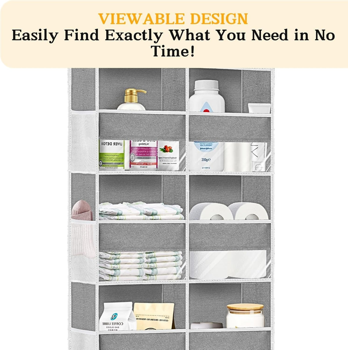 Over The Door Organizer, 5-Tier Extra Large Behind Door Storage with 10 Big Front & 10 Mesh Pockets, 80lb Capacity, Hanging Storage Organizer with Clear Window Kids Toys, Shoes, Diapers, Light Grey