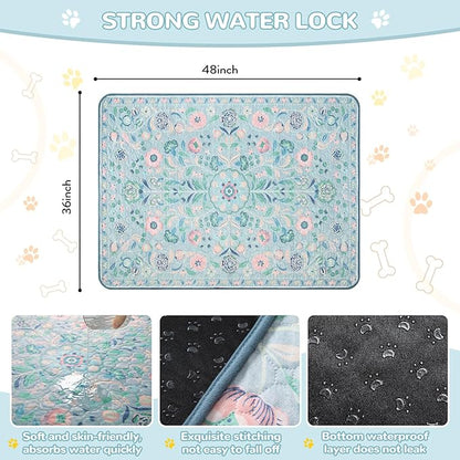 Lahome Washable Reusable Pee Pads for Dogs - Blue Botanical Floral 2 Pack Puppy Pads, Super Absorbent & Waterproof Dog Training Mats for Potty & Crate - Leakproof with Non-Slip Backing (36"x48")