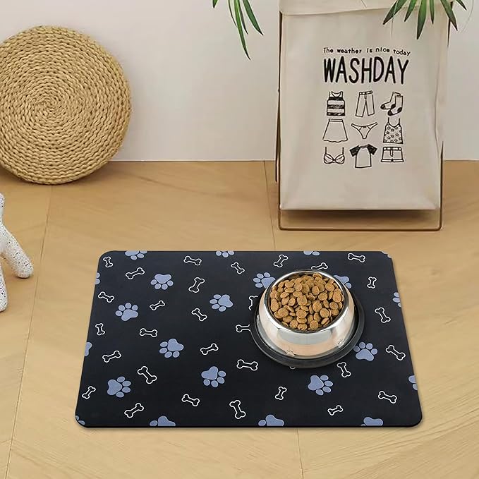 Pet Cat Dog Food Non Slip Mat for Water Bowl, Quick Dry Absorbent Feeding Mat, 18.1 * 11.8 in, Black