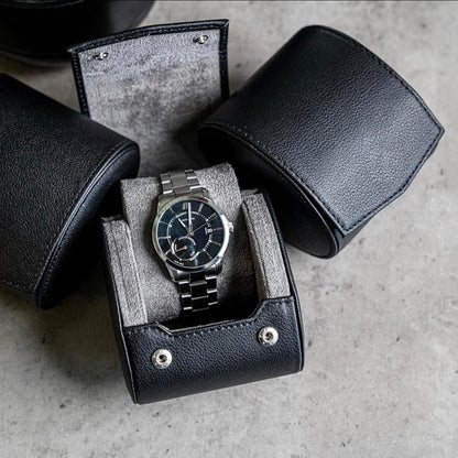 DailyWatch | Personalized Watch Roll Travel Case For 1 Watches - Handmade Genuine Leather Travel Case With Custom Engraving of Name or Initials - Black Grey