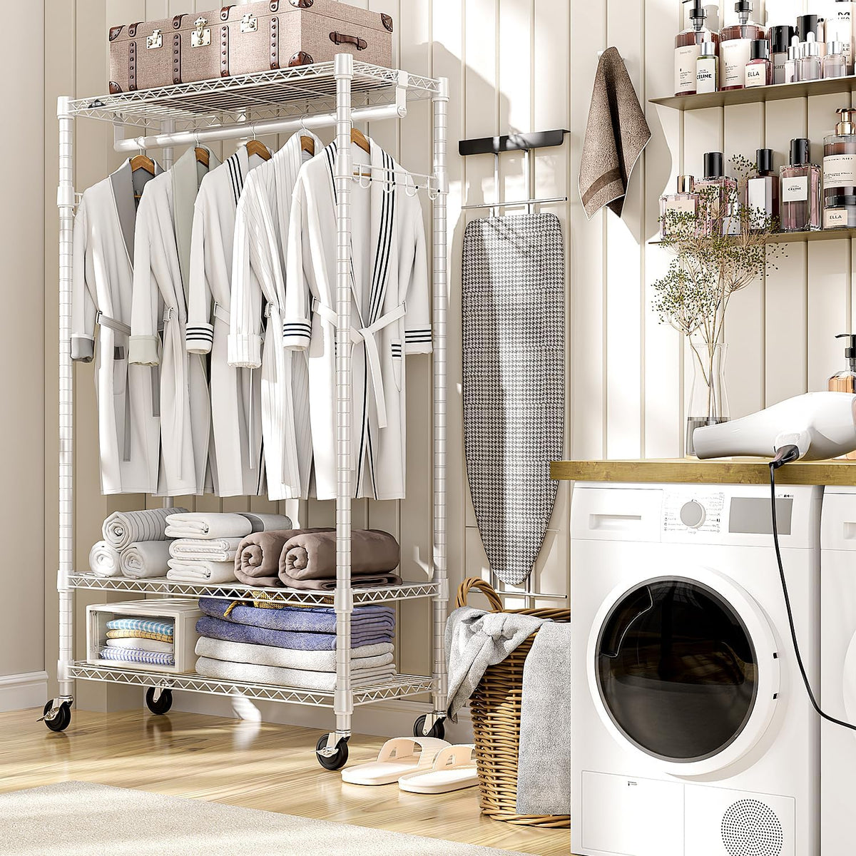 Heavy Duty Rolling Garment Rack 3 Tiers Adjustable Wire Shelving Clothes Rack with Rods and Side Hooks,Storage Closet Clothing Rack with Wheels White 15.7" D x 29.5" W x 74.5" H