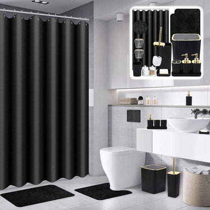 Bathroom Set with Shower Curtain and Rugs- 25PC Bathroom Accessory Set, Black Shower Curtain Set, Toilet Brush, Trash Can, Qtip Holder Dispenser & Soap Dispenser
