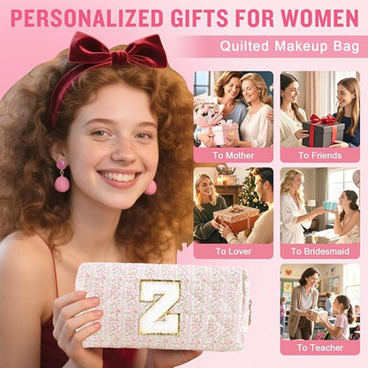 Personalized Quilted Cosmetic Bag, Puffy Monogrammed Christmas Birthday Gifts for Women & Girls, Cute initial Floral Makeup Bag Puffer Coquette Bag, Aesthetic Travel Toiletry Zipper Pouch(Pink,Z)