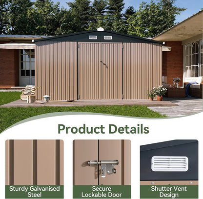 Aoxun 12x10 FT Shed Outdoor Storage Shed with Large Doors & Galvanized Steel, Large Shed Steel Utility Tool Shed Storage House with Door & Lock, for Patio Lawn Garden Sand, Brown