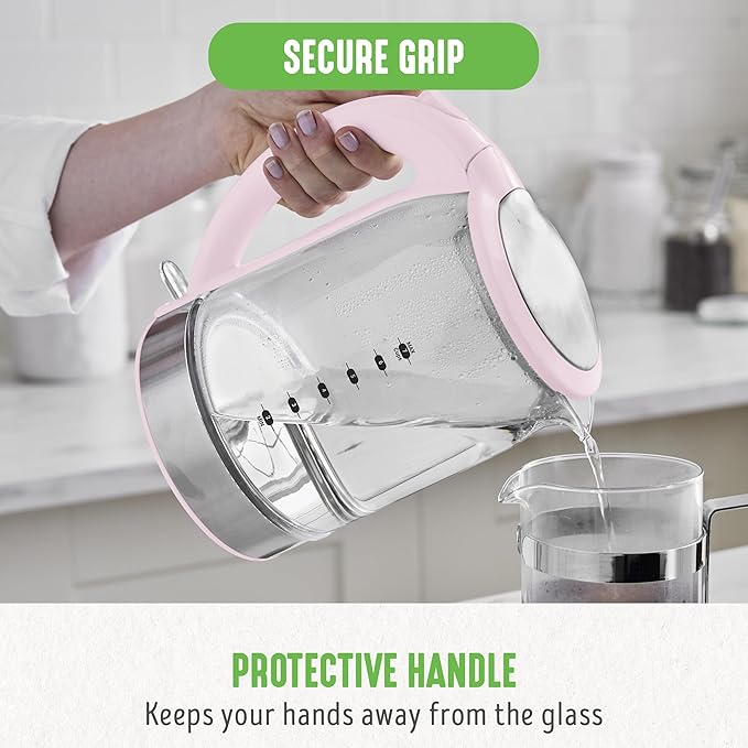GreenLife 1.7 Liter Glass Electric Kettle, Easy One Touch Use, Quick Heating