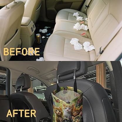 Cute Cats with Butterfly Car Trash Bag, Hanging Drawstring Car Garbage Bag,Canvas Car Back Seat Organizer with Adjustable Buckle for Men and Women