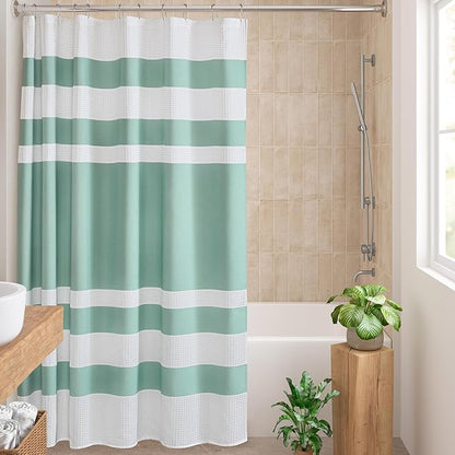 Madison Park Shower Curtain Waffle Weave Striped Pieced Design Fabric Shower Curtains for Bathroom with 3M Scotchgard Moisture Management Premium Spa Quality Modern Standard 72"x72" Aqua