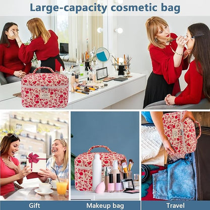 Gosect Large Makeup Bag, Cute Cosmetic Bag for Women Girls, Floral Coquette Aesthetic Toiletry Bag, Travel Make Up Organizer Bag (Pink Rose)