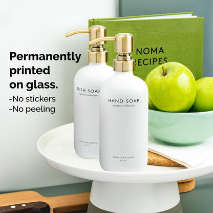 Vine Creations White Glass Soap Dispenser Set, Dish Soap and Hand Soap Dispenser Set with Stainless Steel Pump, 16 oz Glass Dispensers for Kitchen or Bathroom Decor (Matte White Bottle/Brushed Brass)
