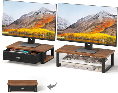 WOHOMO Dual Monitor Stand Riser with Drawers, Desk Organizers for 2 Monitors, Desktop Storage Stand for Computer,Laptop,Walnut