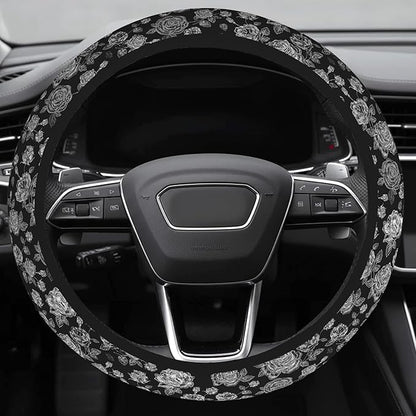 Cute Steering Wheel Cover for Women, Machine Washable Universal 14.5-15.5 inch Non-Slip Grip All Weather Use (Black White Rose)