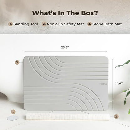 TOSORO - Stone Bath Mat, Diatomaceous Earth Non-Slip Stone Shower Mat - Quick Drying Absorbent Bath Mats for Bathroom - Elegant & Modern Design, Easy to Clean (23.5 x 15) - Grey
