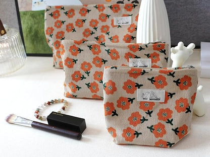 HAPPYHEIDI Makeup Bag Set 3 Cosmetic Toiletry Organizer Zipper Pouch for Purse Tote, Women Girls Gift, Large Medium Small, Beige Orange Floral Corduroy