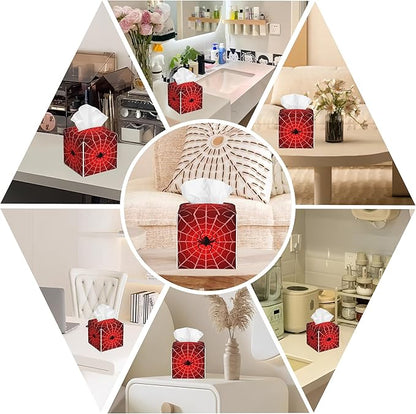 BLYKVGHQ Spider Web Tissue Box Cover Square, Tissue Box Holder with Bottom Belt Leather Facial Paper Organizer Dispenser for Bathroom Bedroom Dresser Night Stand Tabletop
