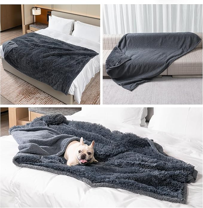 Wowchine Pet Throw Blankets for Dogs Gray Cozy Waterproof Fluffy Long Faux Fur Dog Cat Calming Blanket for Couch Sofa Cover Furniture Protection, Gray XS-28x20in