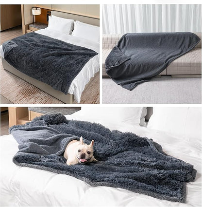 Wowchine Pet Throw Blankets for Dogs Gray Cozy Waterproof Fluffy Long Faux Fur Dog Cat Calming Blanket for Couch Sofa Cover Furniture Protection, Gray XS-28x20in