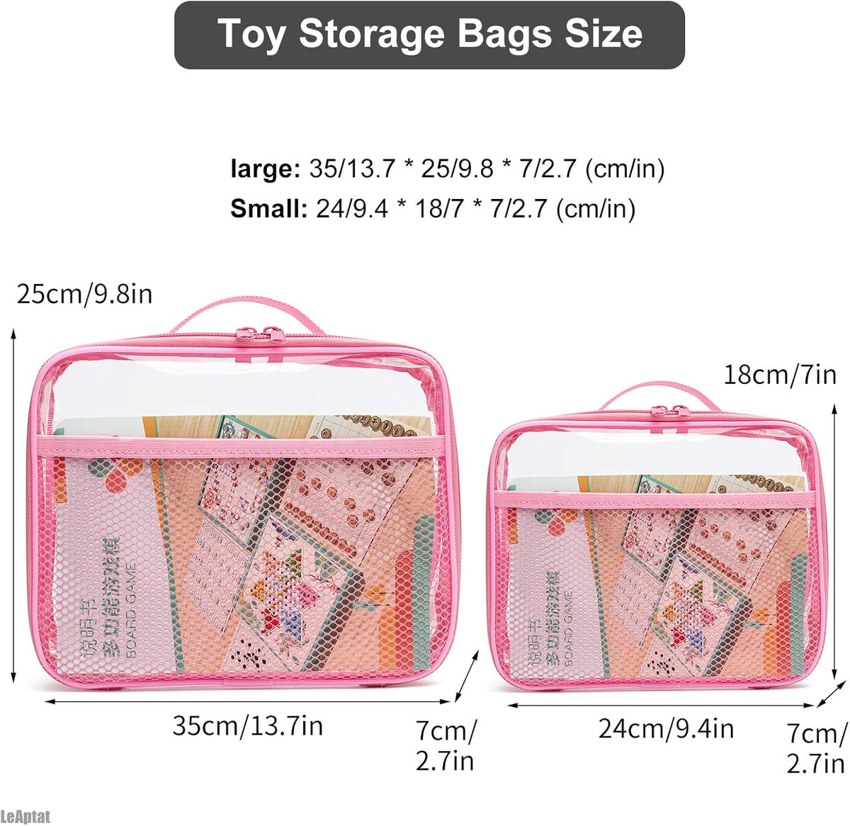 4 Pack Clear PVC Zippered Toy Storage Bags for Toy, Kids Toy, Building Blocks, Puzzle, Clay, Board Game Storage Organizer Travel Waterproof Toy Bag With Name Tag Pocket (Pink, Samll)