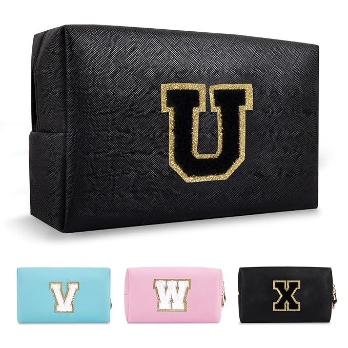 Personalized Initial A-Z Preppy Patch Makeup Bag,Small PU Chenille Letter Cosmetic Bag with Zipper for Teen Girls,Black Cute Toiletry Organizer Bag,Monogram Makeup Case Gift for Women Girls,Letter U