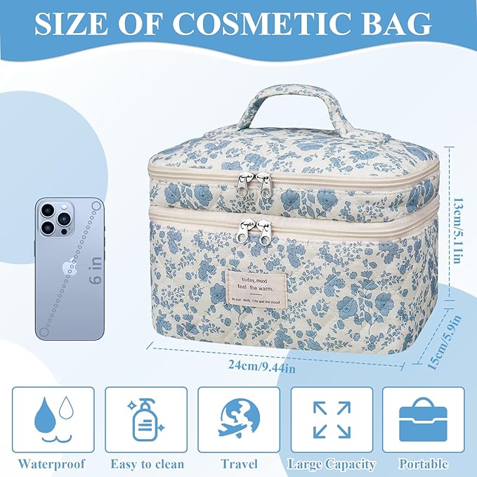 Makeup bag, Large Cosmetic Bag for Women Girls, Cute Quilted Makeup Bags, Floral Coquette Aesthetic Toiletry Bag, Travel Make Up Organizer Bag (Pink Flowers)