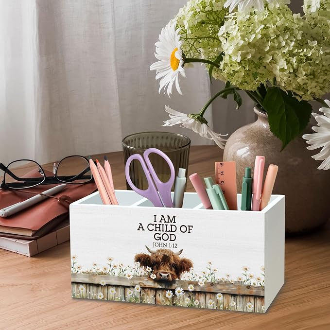 DILSJ Christian Highland Cow Pen Pencil Holder Organizer for Desk, Highland Cow Gifts for Women, I Am a Child of God Wooden Box Signs for Home Office Desk Tabletop Decoration