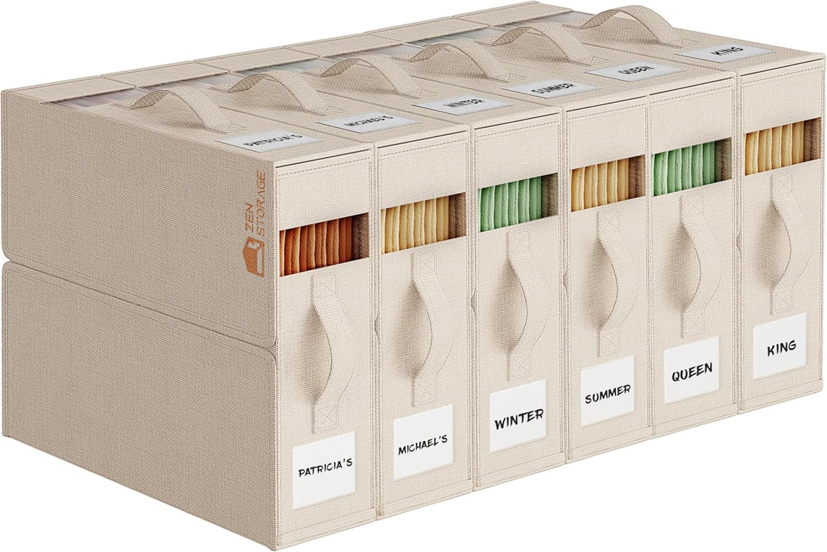 6Pack Sheet Organizers and Storage - King/Queen Size Sheet Storage Organizer with Window, Foldable & Dustproof Sheet Organizer for Linen Closet for Summer Blankets & Sheet Sets,Beige