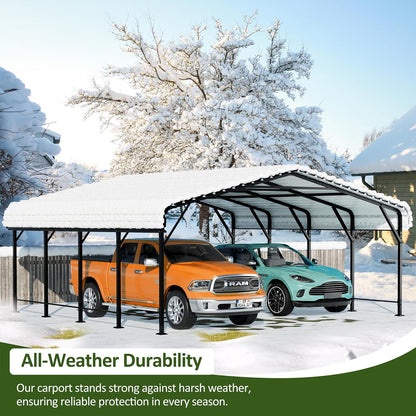 JAMFLY Carport, 20X20 FT Metal Carport, Heavy Duty Carport Canopy with Galvanized Steel Roof and Frame, Metal Carport Upgraded Extra Large Garage for Pickup, Boat, Car and Tractors