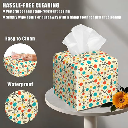 BLYKVGHQ Mid Century Modern Atomic Tissue Box Cover Square, Retro Tissue Box Holder with Bottom Belt Leather Facial Paper Organizer Dispenser for Bathroom Bedroom Dresser Night Stand Tabletop