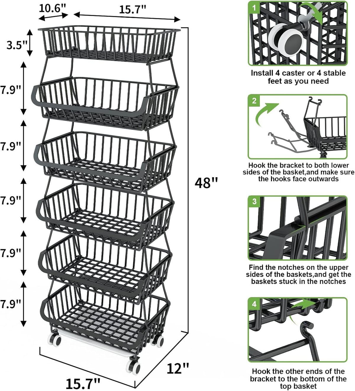 6 Tier Fruit Basket for Kitchen, Fruit and Vegetable Storage Cart Stackable Wire Baskets with Wheels Vegetable Produce Basket Potato Onion Storage Bins Rack for Kitchen Pantry