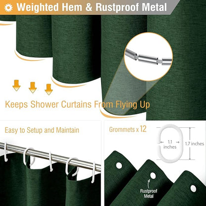 BTTN Extra Long Fabric Shower Curtain, 96 Inch Linen Textured Heavy Duty Cloth Shower Curtain Set with 12 Plastic Hook, Large Hotel Luxury Polyester Shower Curtain for Bathroom, 72x96, Emerald Green