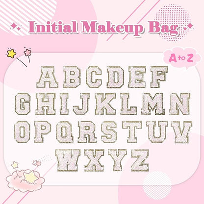 Small Initial Patch Makeup Bag Personalized Gifts Make Up Bag,White Cute PU Leather Glitter Letter Cosmetic Bag with Zipper,Trendy Portable Travel Toiletry Pouch,Preppy Stuff for Teen Girls Women A