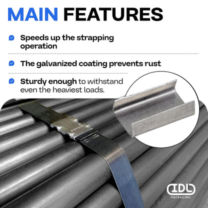 IDL Packaging 1/2" Open (Snap-On) Seals for Steel Strapping, Pack of 250 - USA-Made Sturdy Metal Clips for Securing Heavy Packaging and Pallet Banding - Superior Holding Power for Steel Banding Jobs