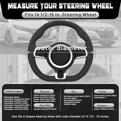 SEG Direct Flat Bottom Steering Wheel Cover, D Shaped Car Wheel Cover 14 1/2-15 in. (37-39 cm), Black Gray Microfiber Leather