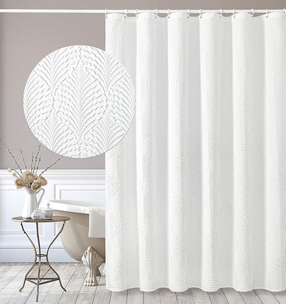 Gibelle White Shower Curtain for Bathroom, 3D Embossed Textured Fabric Curtain, Modern Farmhouse Chic Soft Cloth Set with Hooks, 72x72
