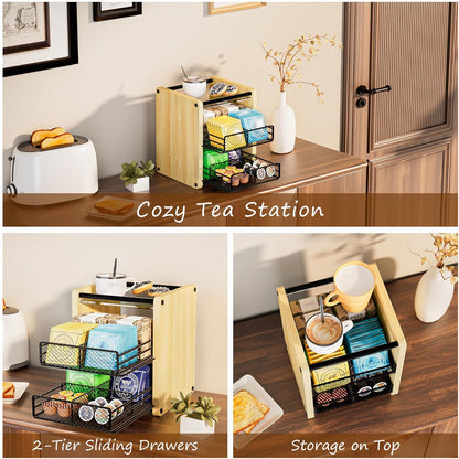 Tea Bag Organizer, Tea Organizer and Storage with Drawers, Tea Box for Tea Bags, Wooden Tea Bag Holder for Kitchen, Countertop, Office, Tea Station (Natural Wood)