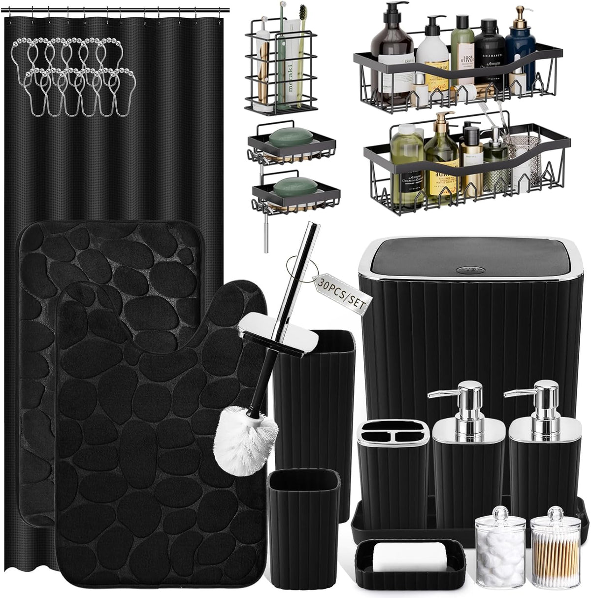 30PC Bathroom Accessories Set - Gorgeous Black Bathroom Set, Bathroom Accessory Set, Black Shower Curtain Set with Bathroom Storage