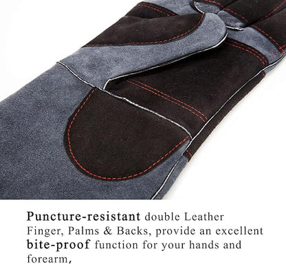 RAPICCA Animal Handling Gloves Bite Proof Double Leather Reinforced Padding Dog,Cat Scratch,Bird Handling Falconry Gloves Grabbing Reptile Squirrel Snake Bite 16in Grey-Black