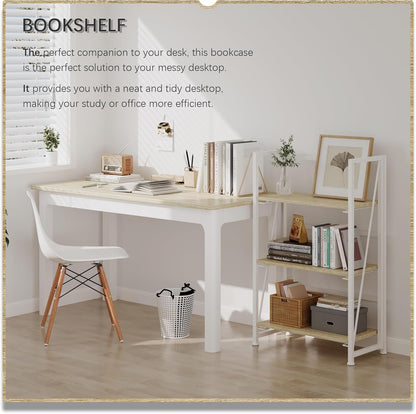 4NM No Assembly Folding Bookshelf Storage Shelves 3 Tiers Vintage Bookcase Standing Racks Study Organizer Home Office (Natural White)