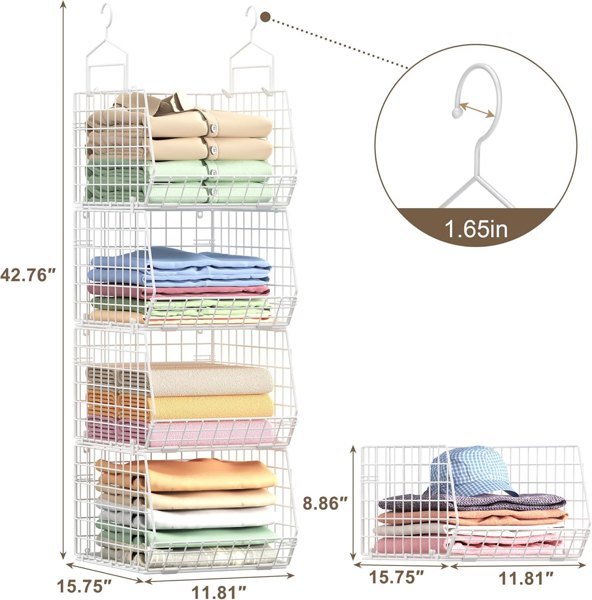 4" Extra Deeper Foldable Hanging Closet Organizer, Small Wire Cabinet Shelves and Storage with 5 S Hooks,4 Tier Metal Basket Bins for Clothes Sweaters Handbags, Wardrobe for Kitchen Laundry Room，White