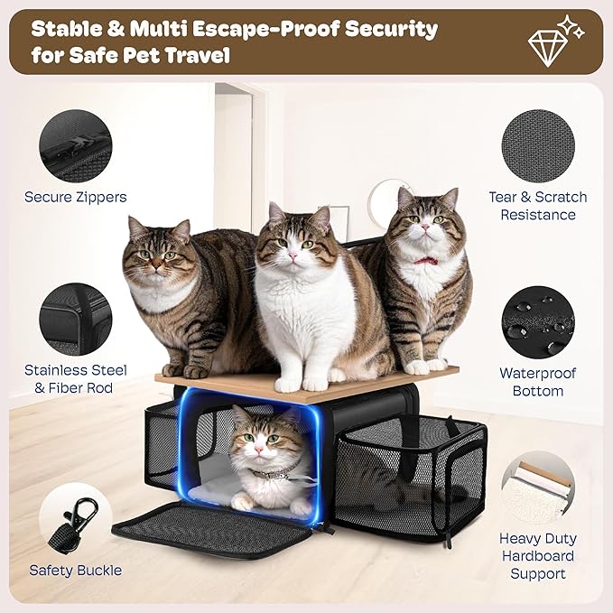 Top and 2 Sides Expandable Large Cat Carrier 18x13.5x9.5, TSA Airline Approved Dog Carriers for Large Dogs, Soft-Sided Pet Carrier with Self-Locking Zippers for Kitten,Rabbit, Puppy, Guinea Pig Black