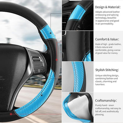 Non-Slip Car Nappa Leather Steering Wheel Cover,Universal Car Accessories Women Men Fit 14" 1/2-15" Suvs/Vans/Sedans/Cars/Trucks,Light Blue