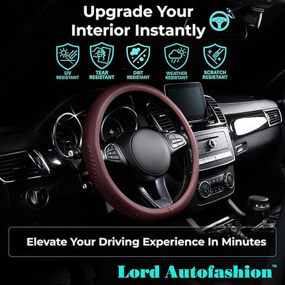 Lord Autofashion Steering Wheel Cover – PU Leather, Non-Slip Rubber Inner, All-Season Comfort – 14.5–15 Inch (Maroon 9356)