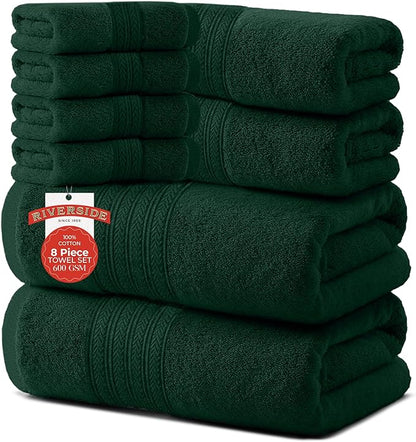 RIVERSIDE Pack of 8 Towels Set, 2 Large Bath, 2 Hand, 4 Face Washcloths, 100% Cotton Hotel Quality, Super Soft, Quick Dry, Highly Absorbent Perfect for Bathroom, Hunter Green
