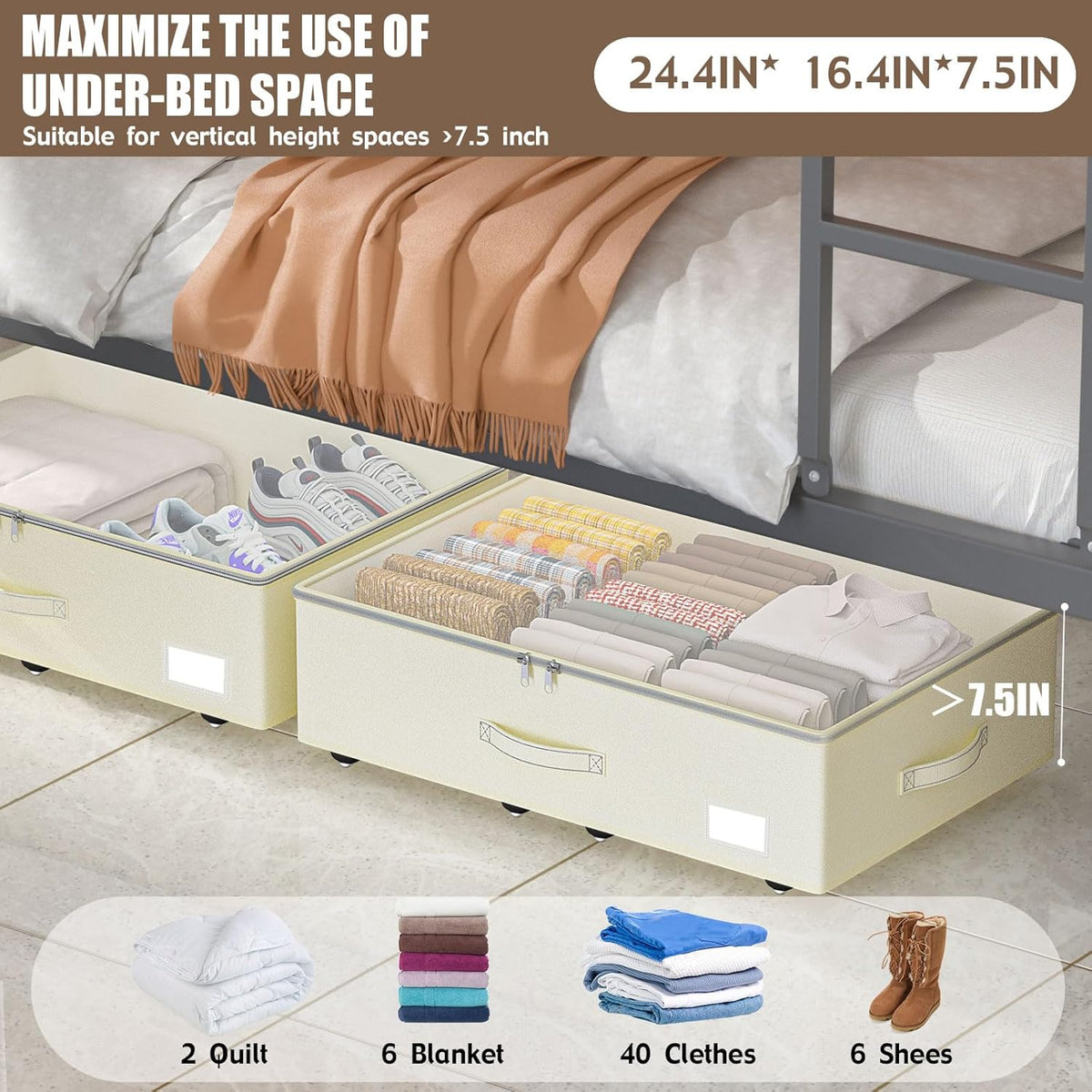 Under Bed Storage with Wheels, No Assemble Required 7.5 inches height Under Bed Storage bins,Large capacity Rolling Under bed Shoe Storage containers，dorm under bed storage drawers