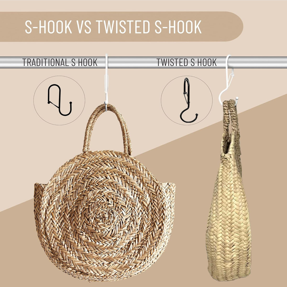 6 Purse Hanger for Closet. Tote Hanger. S-Shaped Hooks S Hooks Twist Design. Anti Drop S-Shaped Hook for Hanging Handbags with Safety Buckle to Prevent Falls. Heavy Duty. (White, Twisted)