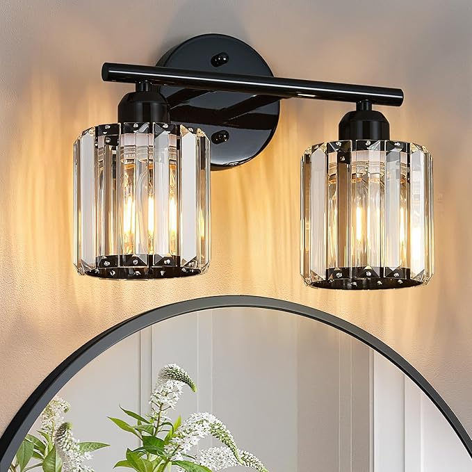 FDPBY Modern 2 Light Crystal Vanity Light, Plating Black Vertical Bathroom