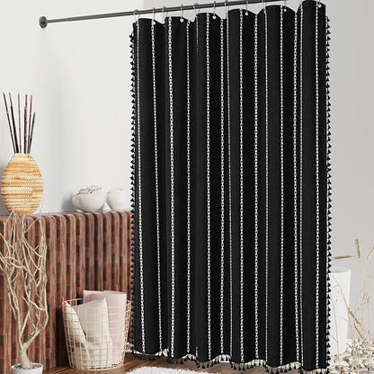 MitoVilla Boho Long Shower Curtain 72 x 78, Black Farmhouse 78 inch Long Polyester Linen Fabric Shower Curtains with Tassel for Chic Cottagecore French Rustic Bathroom Decor
