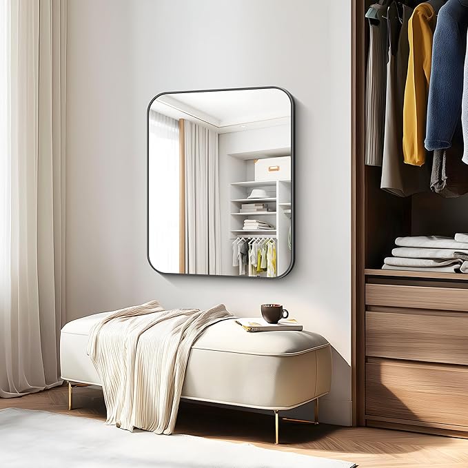 Bathroom Mirror, 30 x 24 inch Metal Framed Black Rectangle Mirror, Rounded