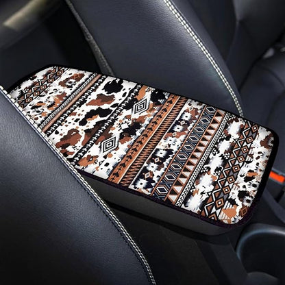 Horeset Aztec African Tribal Cow Print Center Console Armrest Cover for Men Women, Anti-Scratch Car Arm Rest Cover Pad Accessories Interior Decor