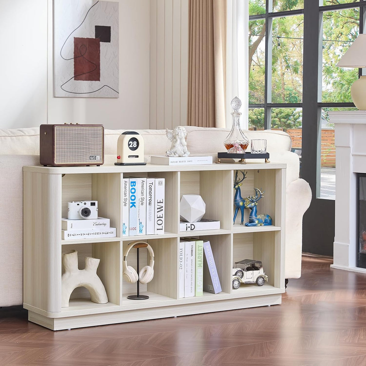 8 Cube Storage Bookcase, 52" Long Horizontal Book Shelf w/Curved Edge, Wooden Floor Standing 2-Tier Cubby Console Bookshelf with Base, Modern Low TV Stand for Living Room, White Cream Oak